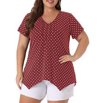 Women's Plus Size V Neck Short Sleeve Asymmetric Hem Polka Dots Pintuck Top