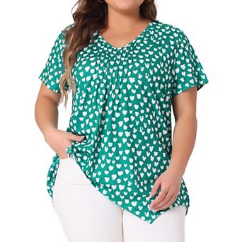 Women's Plus Size V Neck Short Sleeve Asymmetric Hem Polka Dots Pintuck Top