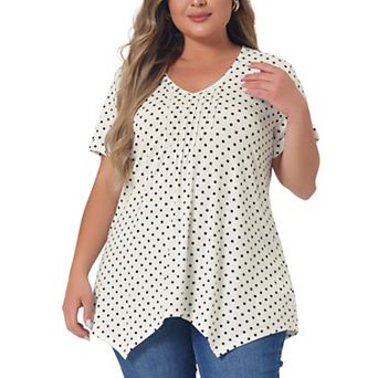 Women's Plus Size V Neck Short Sleeve Asymmetric Hem Polka Dots Pintuck Top