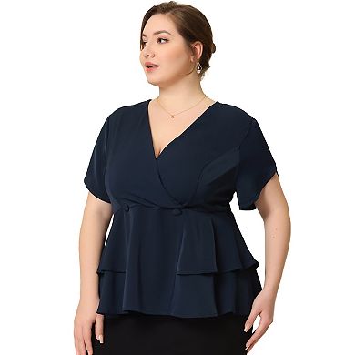 Plus Size Peplum Top for Women Work V Neck Ruffle Hem Buttons Front Blazers Top