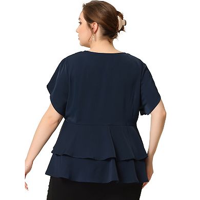 Plus Size Peplum Top for Women Work V Neck Ruffle Hem Buttons Front Blazers Top