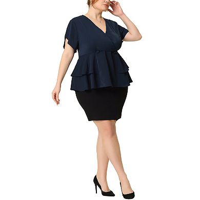 Plus Size Peplum Top for Women Work V Neck Ruffle Hem Buttons Front Blazers Top