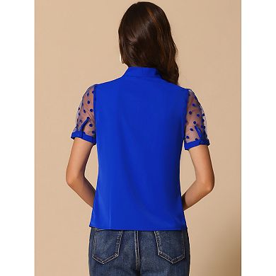 Women's Bow Tie Neck V Neck Stand Collar Short Mesh Sleeve Blouse
