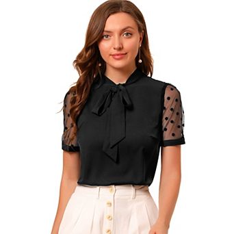 Women's Bow Tie Neck V Neck Stand Collar Short Mesh Sleeve Blouse