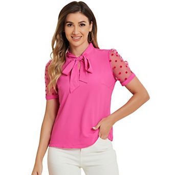 Women's Bow Tie Neck V Neck Stand Collar Short Mesh Sleeve Blouse