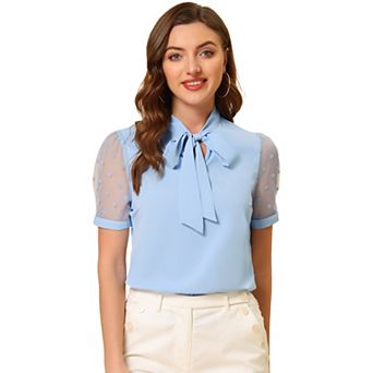 Women's Bow Tie Neck V Neck Stand Collar Short Mesh Sleeve Blouse