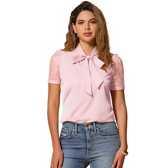 Women's Bow Tie Neck V Neck Stand Collar Short Mesh Sleeve Blouse