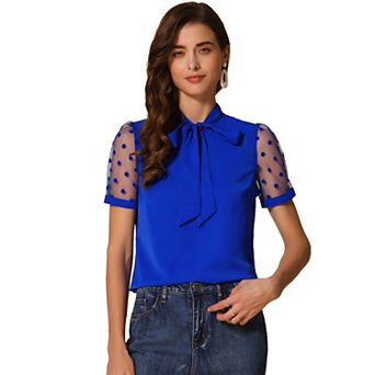 Women's Bow Tie Neck V Neck Stand Collar Short Mesh Sleeve Blouse
