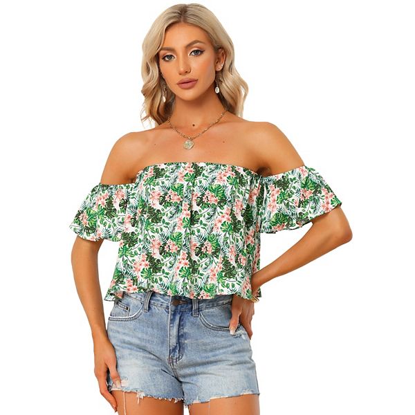 Tropical Crop Top For Womens Off Shoulder Ruffle Sleeve Summer Beach