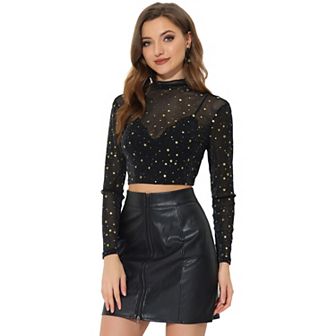 Women's Mesh Crop Top Stars Mock Neck Party See Through Blouse