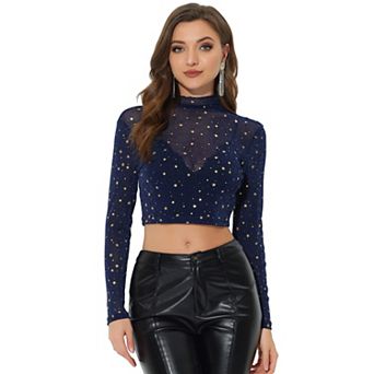 Women's Mesh Crop Top Stars Mock Neck Party See Through Blouse