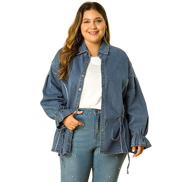 Women's Plus Size Long Sleeve Drawstring Denim Jackets