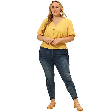 Women's Plus Size V Neck Button Up Short Sleeve Shirred Top Blouse