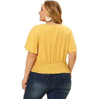 Women's Plus Size V Neck Button Up Short Sleeve Shirred Top Blouse