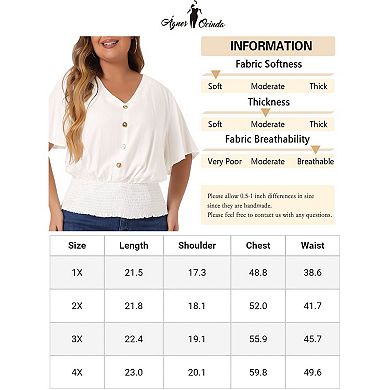 Women's Plus Size V Neck Button Up Short Sleeve Shirred Top Blouse