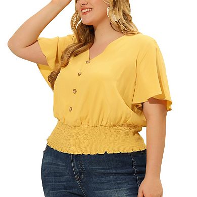 Women's Plus Size V Neck Button Up Short Sleeve Shirred Top Blouse