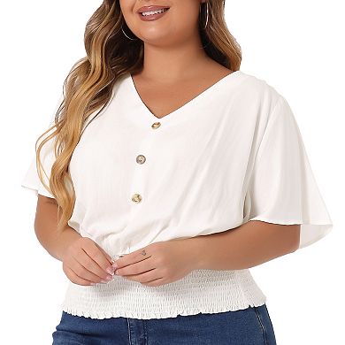 Women's Plus Size V Neck Button Up Short Sleeve Shirred Top Blouse