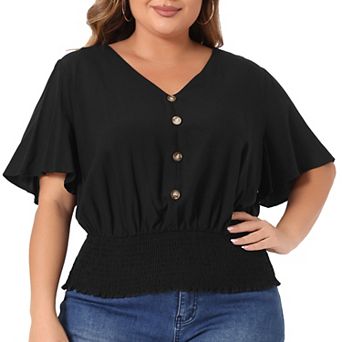 Women's Plus Size V Neck Button Up Short Sleeve Shirred Top Blouse