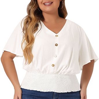 Women's Plus Size V Neck Button Up Short Sleeve Shirred Top Blouse