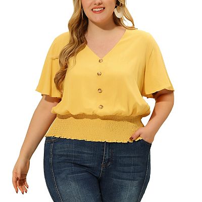 Women s Plus Size V Neck Button Up Short Sleeve Shirred Top Blouse