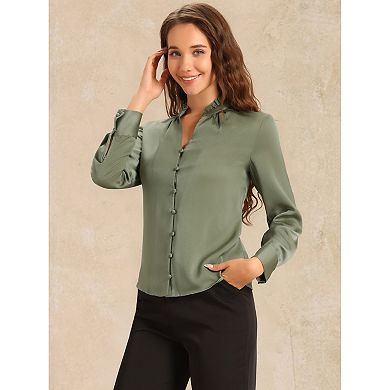 Women's Ruffled Stand Collar Shirt Long Sleeve Button Elegant Satin Blouse