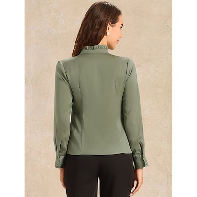 Women's Ruffled Stand Collar Shirt Long Sleeve Button Elegant Satin Blouse