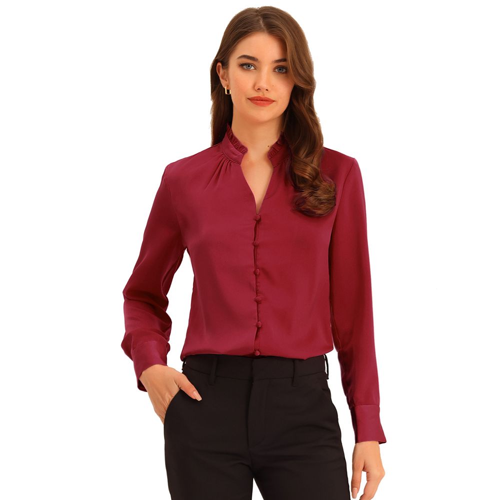 Women's Ruffled Stand Collar Shirt Long Sleeve Button Elegant Satin Blouse