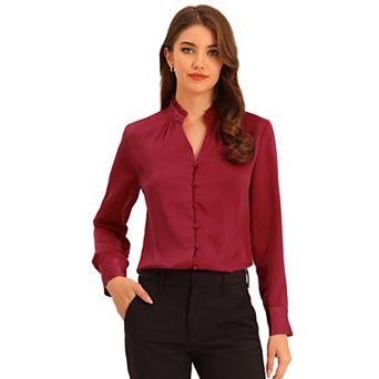 Women's Ruffled Stand Collar Shirt Long Sleeve Button Elegant Satin Blouse