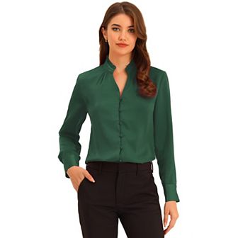 Women's Ruffled Stand Collar Shirt Long Sleeve Button Elegant Satin Blouse