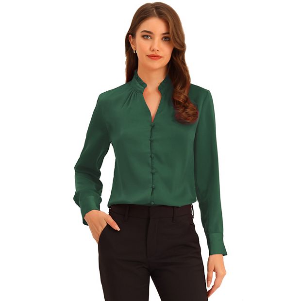 Women's Ruffled Stand Collar Shirt Long Sleeve Button Elegant
