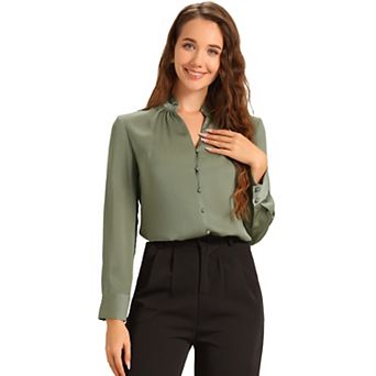 Women's Ruffled Stand Collar Shirt Long Sleeve Button Elegant Satin Blouse