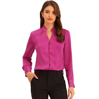 Women's Ruffled Stand Collar Shirt Long Sleeve Button Elegant Satin Blouse