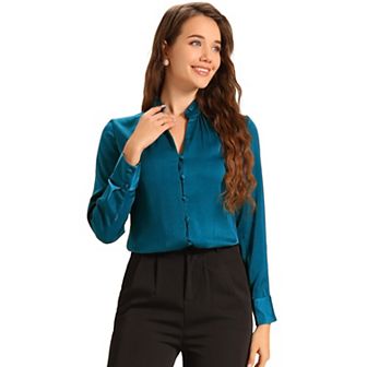 Women's Ruffled Stand Collar Shirt Long Sleeve Button Elegant Satin Blouse