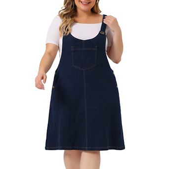 Women's Plus Size Adjustable Straps Denim Bib Overall Dress Jumper with Pockets
