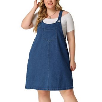 Women's Plus Size Adjustable Straps Denim Bib Overall Dress Jumper with Pockets