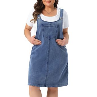 Women's Plus Size Adjustable Straps Denim Bib Overall Dress Jumper with Pockets