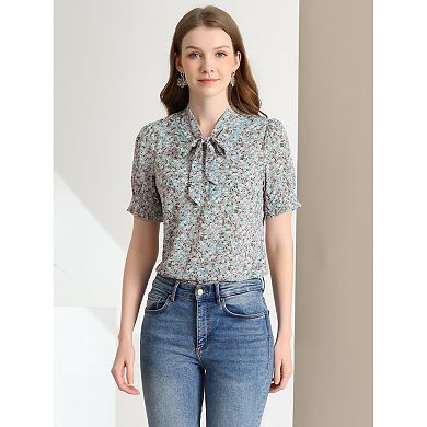 Women's Bow Tie Neck Blouse Lace Insert Short Puffy Sleeve Summer Floral Top
