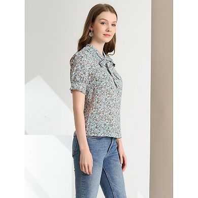 Women's Bow Tie Neck Blouse Lace Insert Short Puffy Sleeve Summer Floral Top