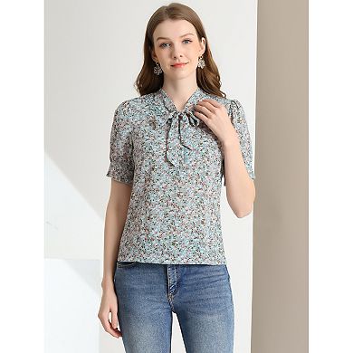 Women's Bow Tie Neck Blouse Lace Insert Short Puffy Sleeve Summer Floral Top