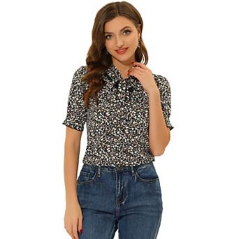 Women's Bow Tie Neck Blouse Lace Insert Short Puffy Sleeve Summer Floral Top