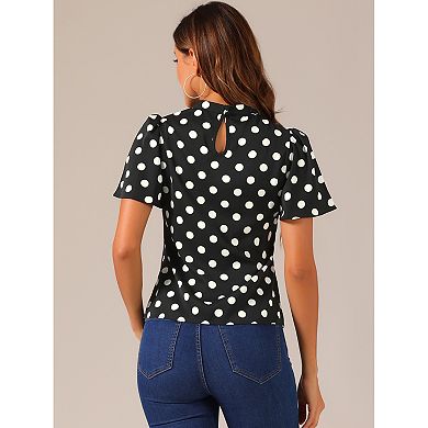 Women's Polka Dots Blouse Stand Collar Pleat Keyhole Back Short Flare Sleeve Tops