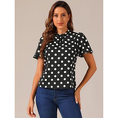 Women's Polka Dots Blouse Stand Collar Pleat Keyhole Back Short Flare Sleeve Tops