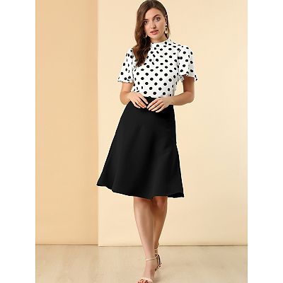 Women's Polka Dots Blouse Stand Collar Pleat Keyhole Back Short