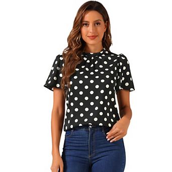 Women's Polka Dots Blouse Stand Collar Pleat Keyhole Back Short Flare Sleeve Tops