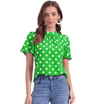 Women's Polka Dots Blouse Stand Collar Pleat Keyhole Back Short Flare Sleeve Tops