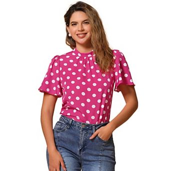 Women's Polka Dots Blouse Stand Collar Pleat Keyhole Back Short Flare Sleeve Tops