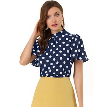 Women's Polka Dots Blouse Stand Collar Pleat Keyhole Back Short Flare Sleeve Tops