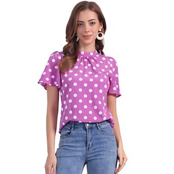 Women's Polka Dots Blouse Stand Collar Pleat Keyhole Back Short Flare Sleeve Tops