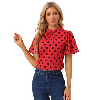 Women's Polka Dots Blouse Stand Collar Pleat Keyhole Back Short Flare Sleeve Tops