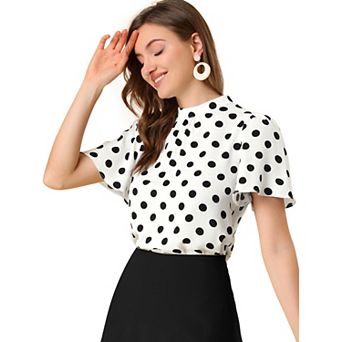 Women's Polka Dots Blouse Stand Collar Pleat Keyhole Back Short Flare Sleeve Tops